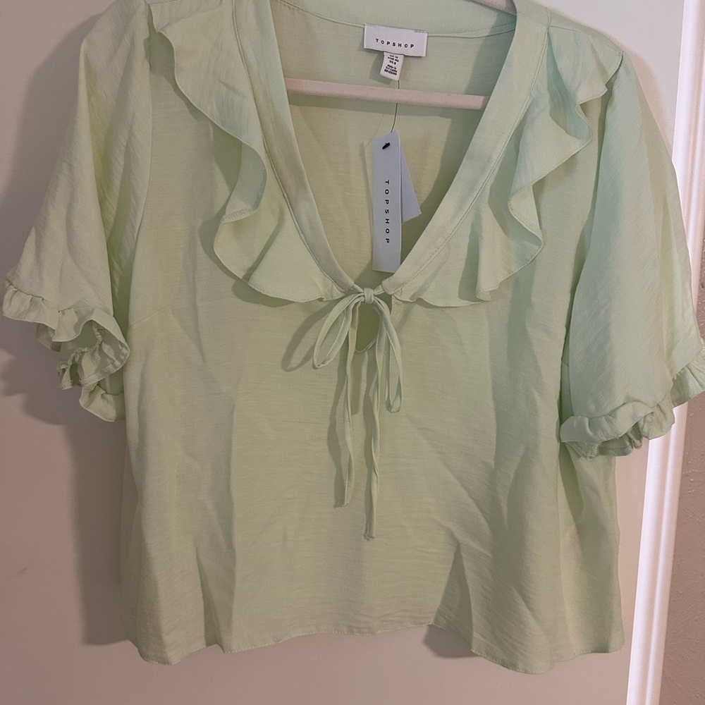 Topshop Green Ruffled Tie-Front Blouse